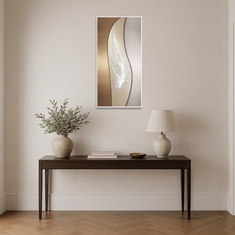 Feather artwork adds intrigue to the sleek entrance hall.