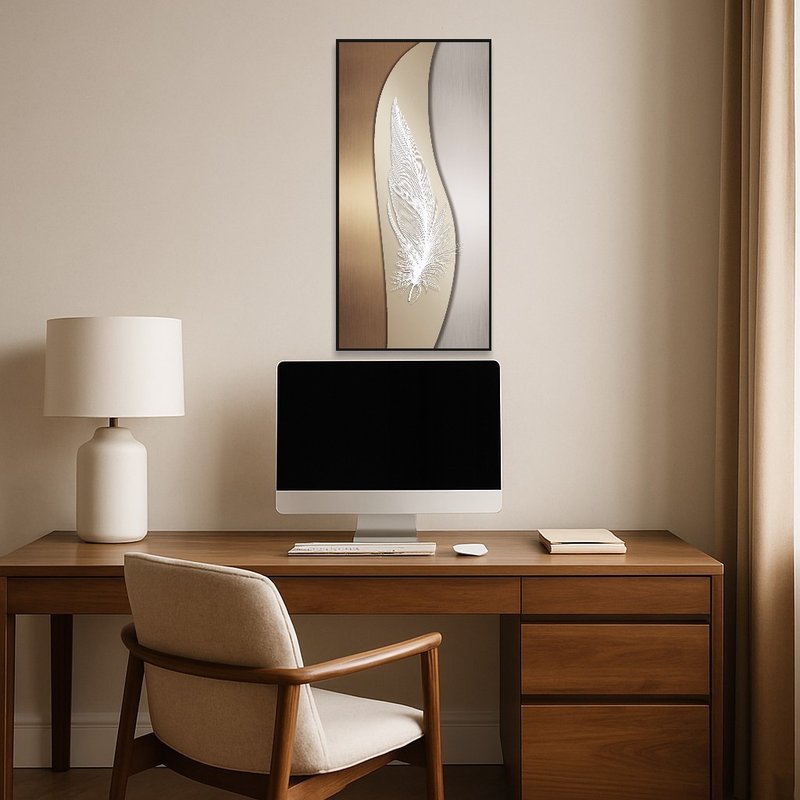 Elegant feather art enhancing a stylish home office desk space.