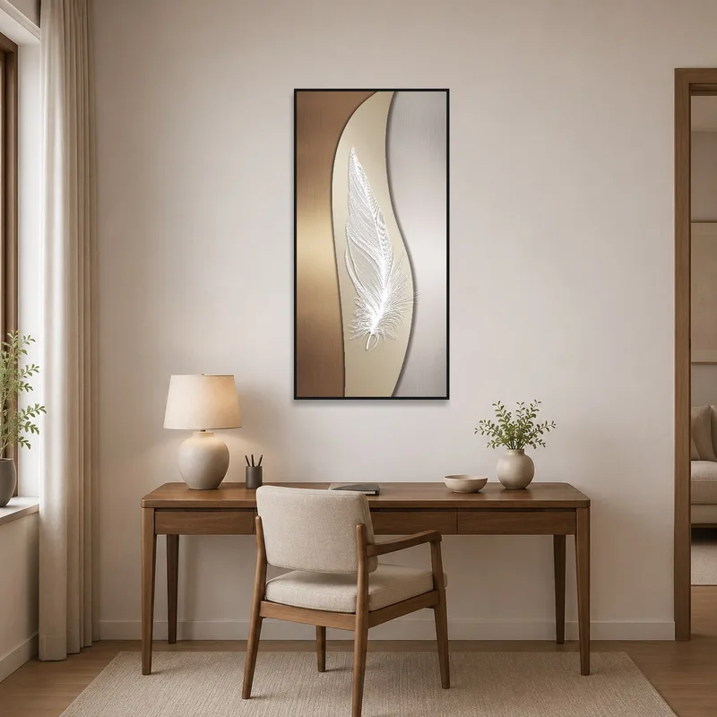 Home office wall displaying elegant feather art beside a neatly organized desk.