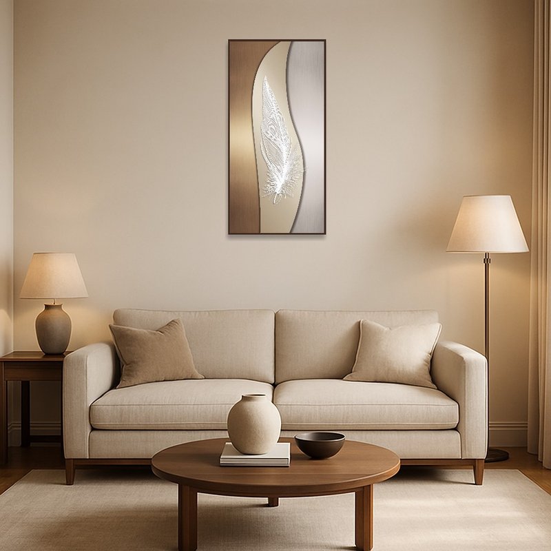 Elegant feather art print above a modern sofa in the living room.