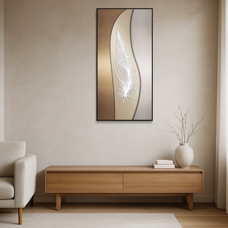 Feather print accenting the clean lines of a minimalist room.