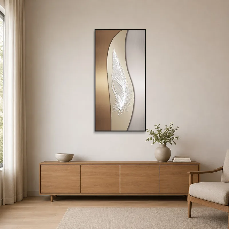 Minimalist room showcasing elegant feather art on a plain wall with subtle decor.