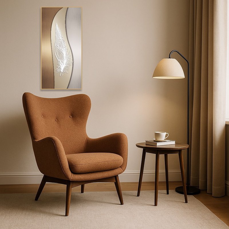 Feather art print providing elegance to a cozy reading corner.