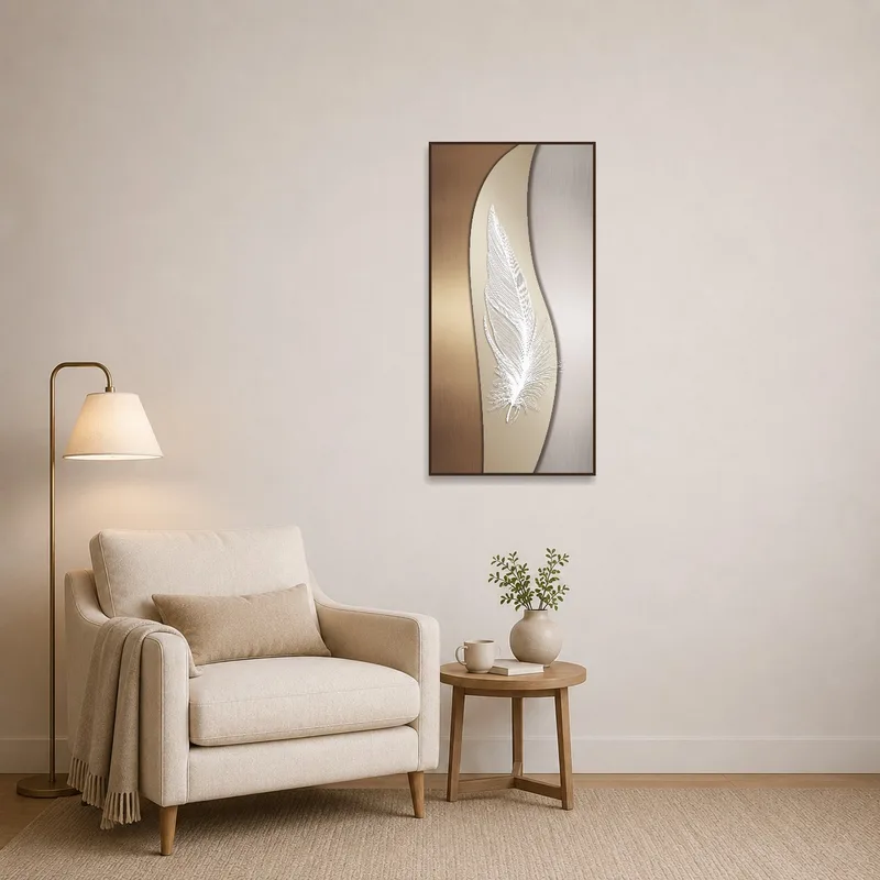 Reading corner featuring elegant feather art complementing a cozy chair and lamp.