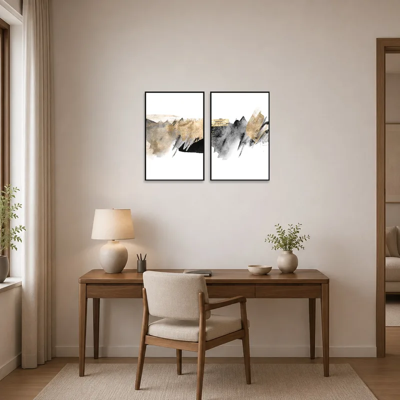 Abstract art set in a home office, adding a touch of creativity and style to the workspace.