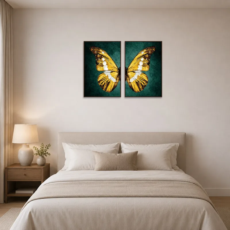 Textured art of butterfly wings adding elegance to a serene bedroom above the bed.