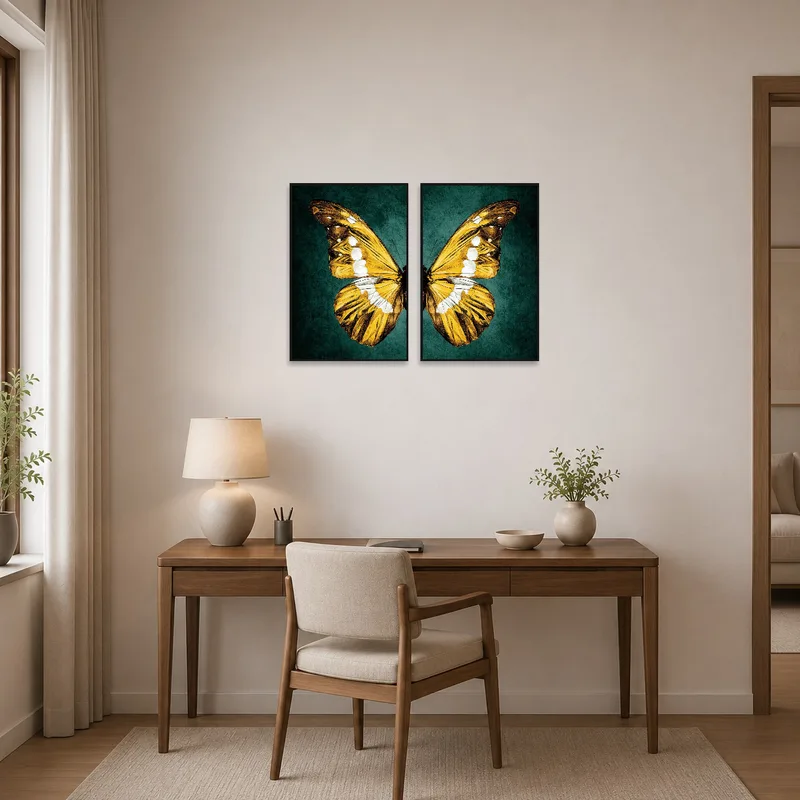 Home office featuring a golden butterfly wing art set over a tidy workspace.