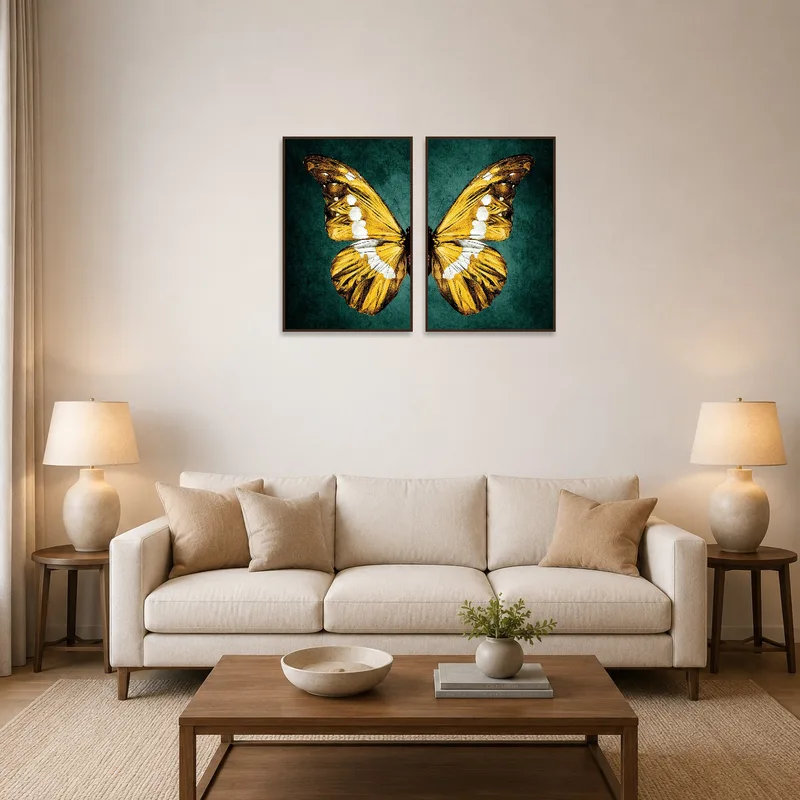 Golden butterfly wing art set in a cozy living room above a modern couch.