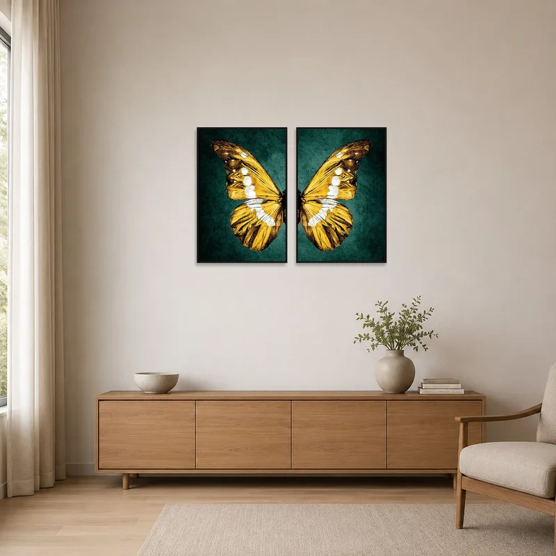 Textured butterfly wing art set in a sleek, minimalist space with white walls.