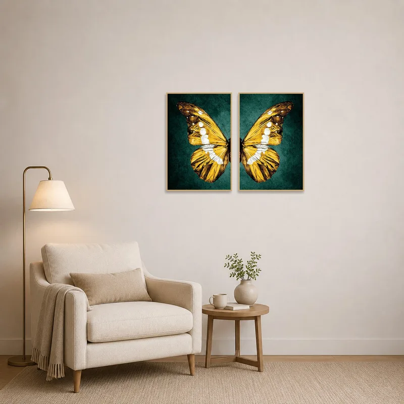 Golden butterfly wing art set in a reading corner with a comfy chair and lamp.