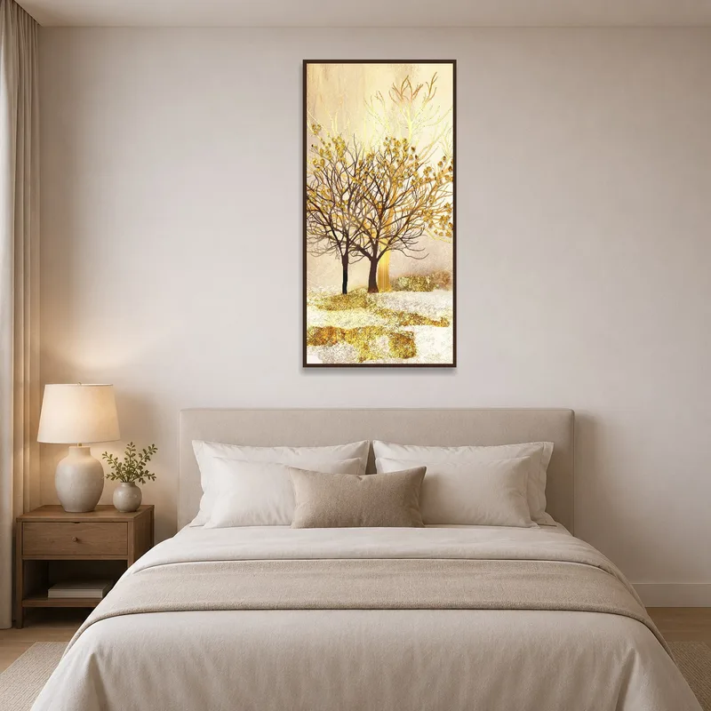 Dreamy golden trees on an abstract landscape provide a serene touch to a chic bedroom.