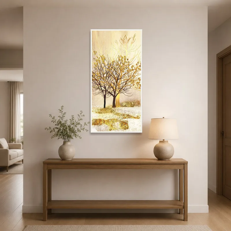 An abstract landscape with golden trees offers a warm welcome in an entrance hall.