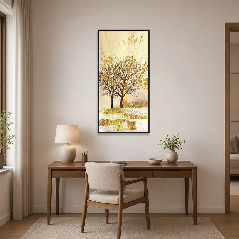 A home office is brightened by abstract artwork of golden ethereal trees amid a calming landscape.