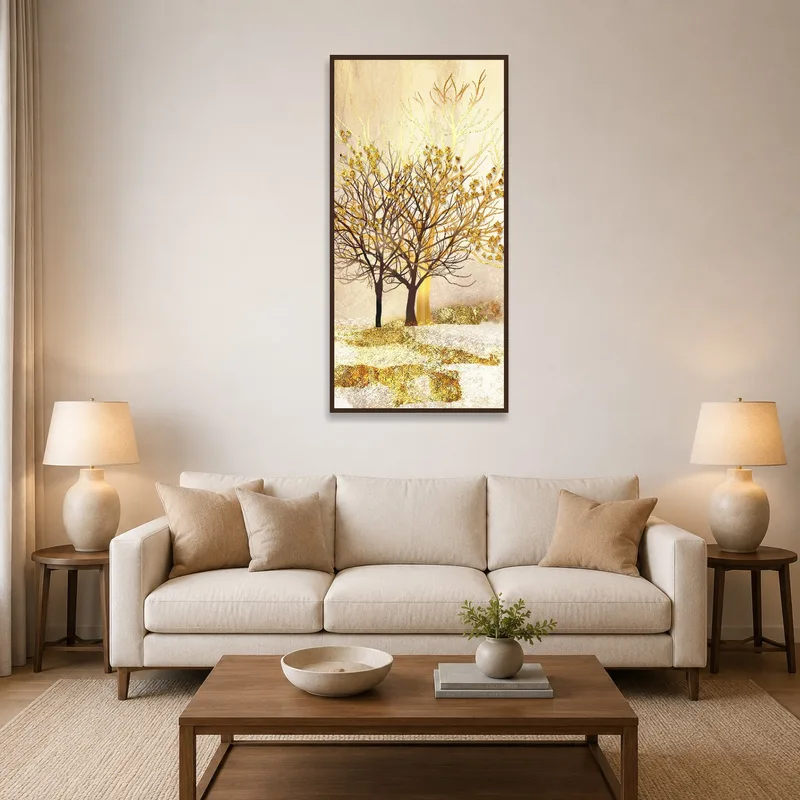 Abstract art of ethereal golden trees adds elegance to a sophisticated living room setting.