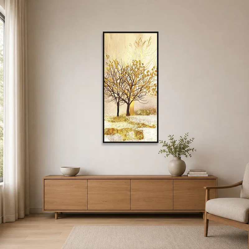 Golden ethereal trees in abstract form enhance a minimalist room with subtle sophistication.