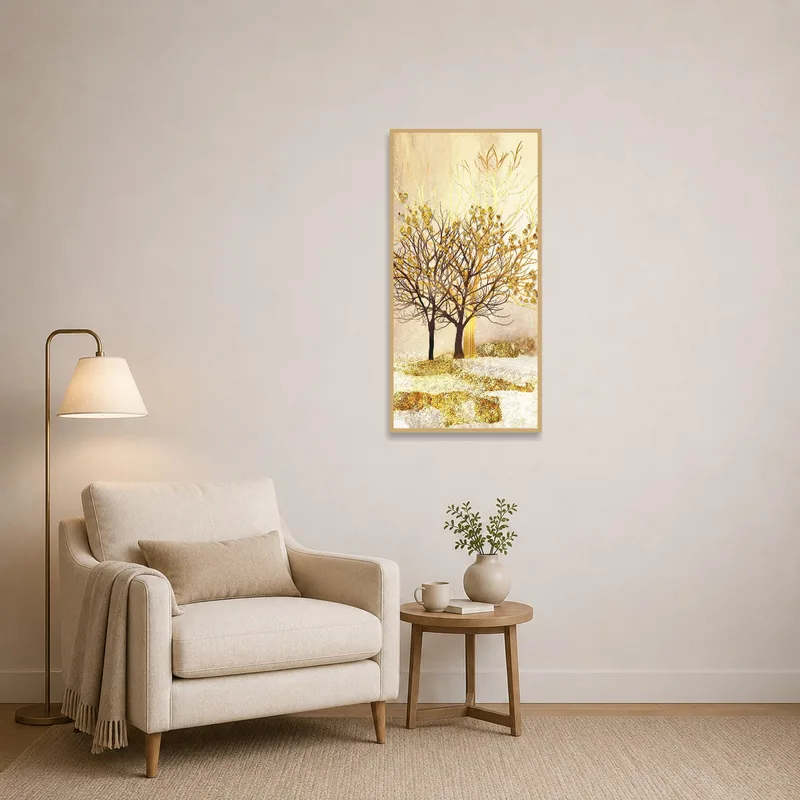 Tranquil reading corner featuring abstract golden trees in an imaginative landscape.
