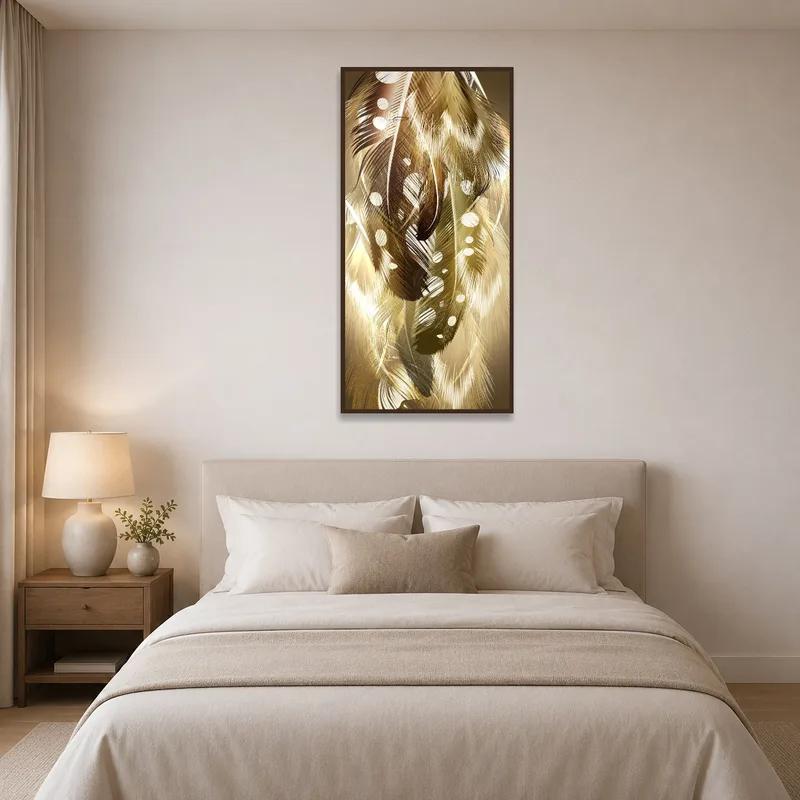 Golden Feather Dreamscape Art Print hung above a bed in a serene and peaceful bedroom setting.