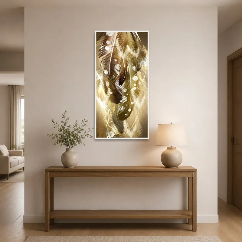 Golden Feather Dreamscape Art Print in an entrance hall above a console table with ambient lighting.