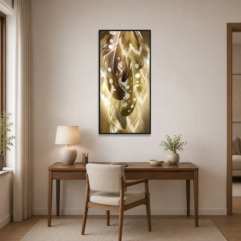 Golden Feather Dreamscape Art Print on a home office wall enhancing the workspace ambiance.