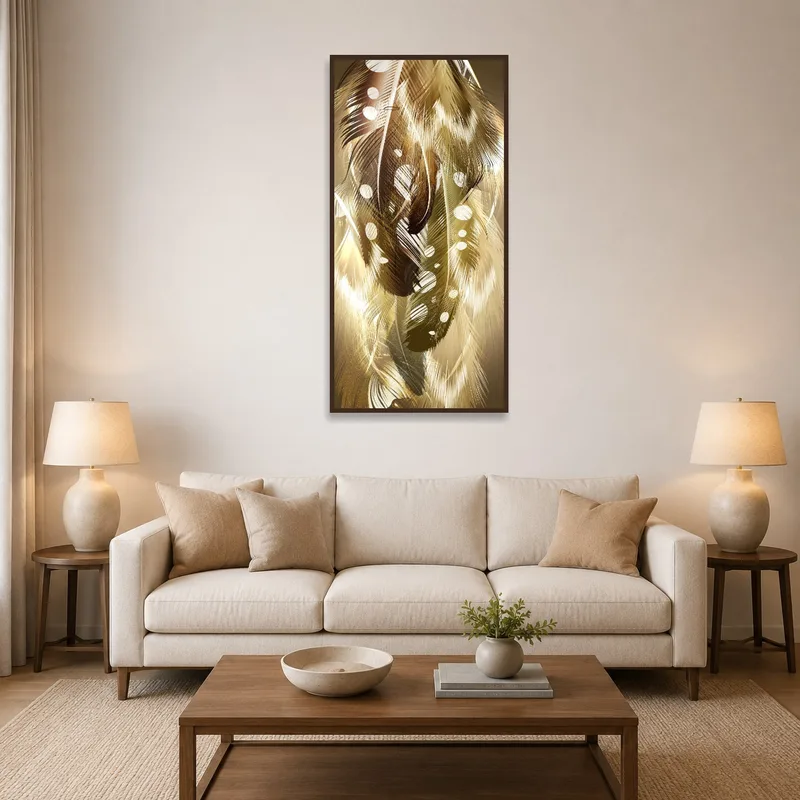 Golden Feather Dreamscape Art Print on a living room wall with comfy seating and warm lighting.