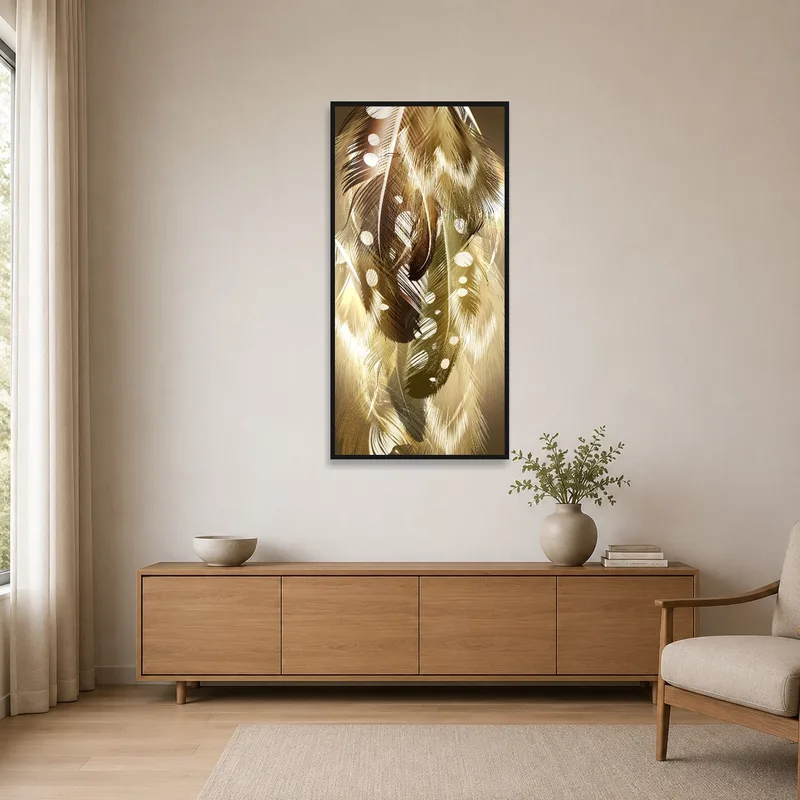 Golden Feather Dreamscape Art Print on a minimalist wall with sleek furniture and simple designs.