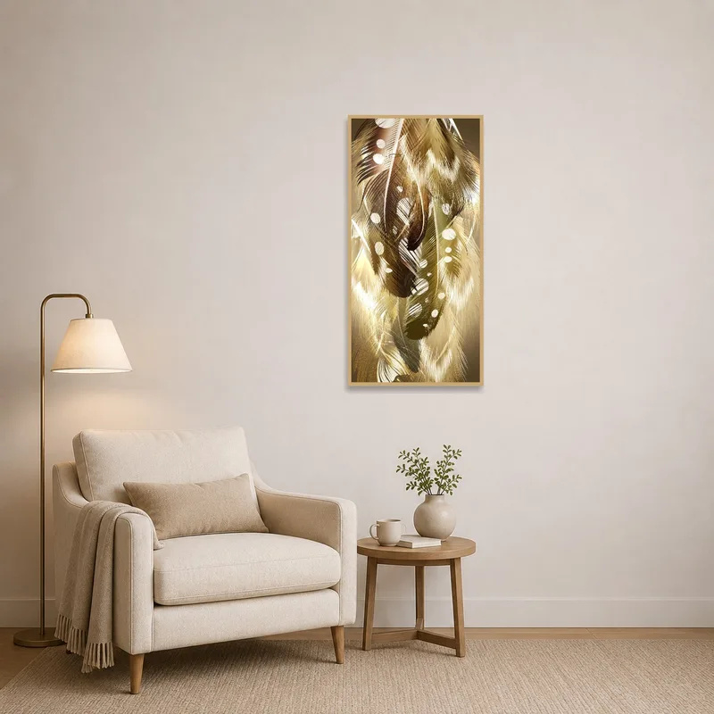 Golden Feather Dreamscape Art Print in a cozy reading corner next to a plush armchair and books.