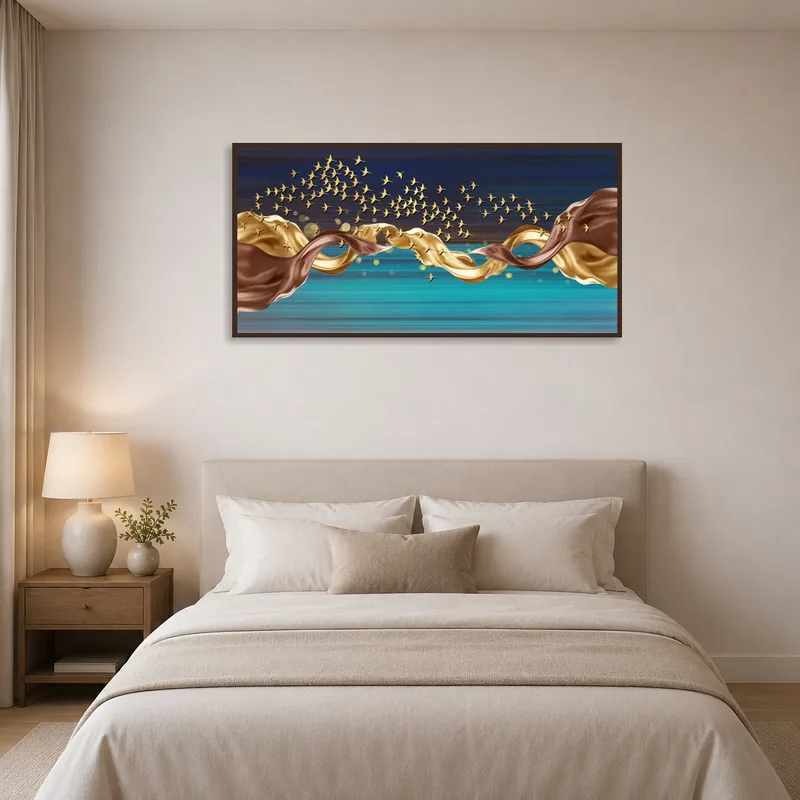 Golden and blue artwork of birds enhances the peaceful bedroom ambiance.