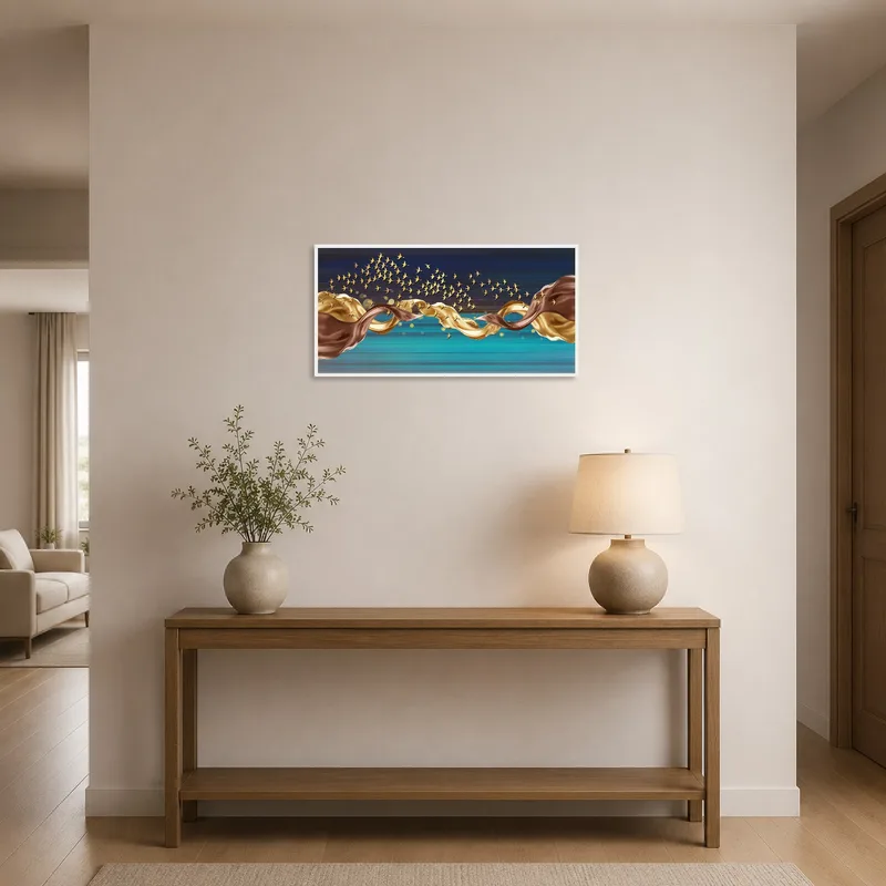 Entrance hall featuring artwork of golden birds flying over calm ocean colors.