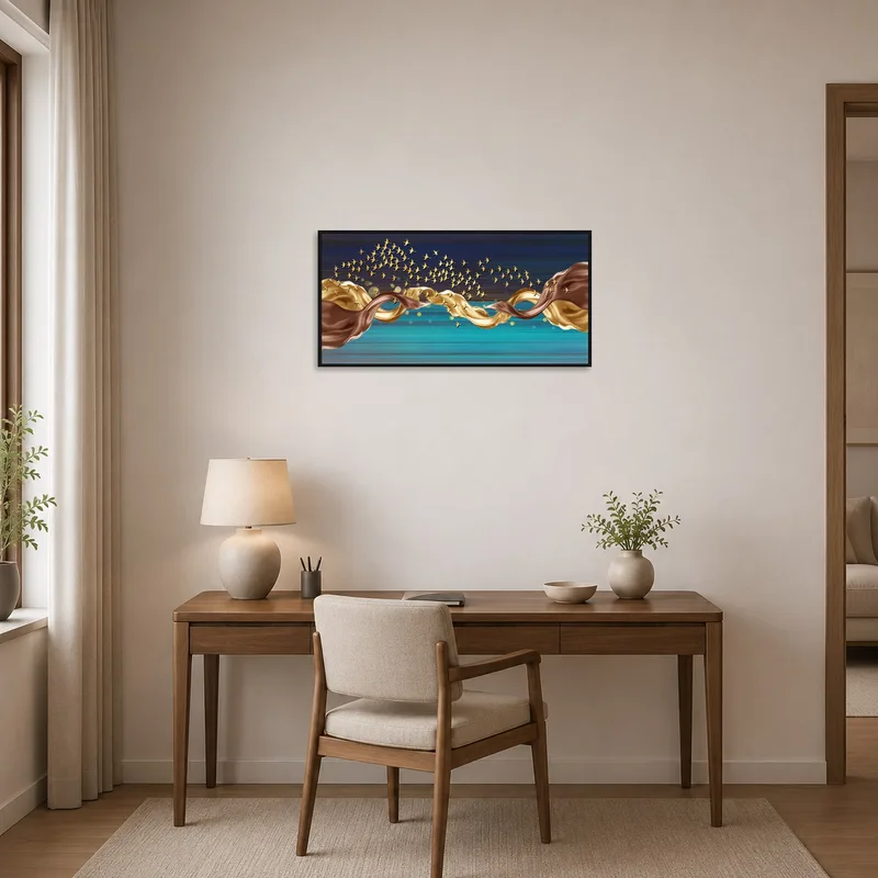 Home office wall comes alive with golden birds soaring over oceanic hues.