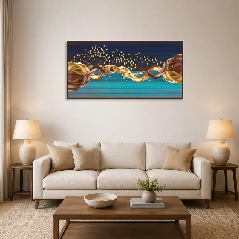 A vibrant artwork of golden birds over ocean hues enlivens the living room wall.
