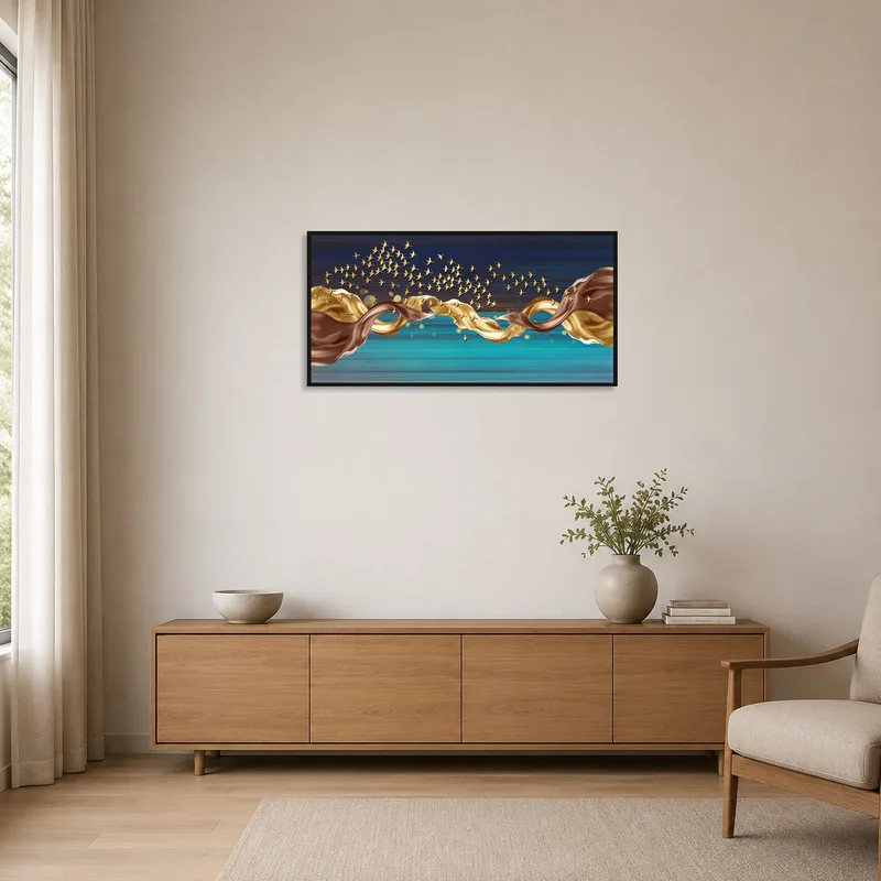 Minimalist room with striking golden birds and ocean tones on the wall.