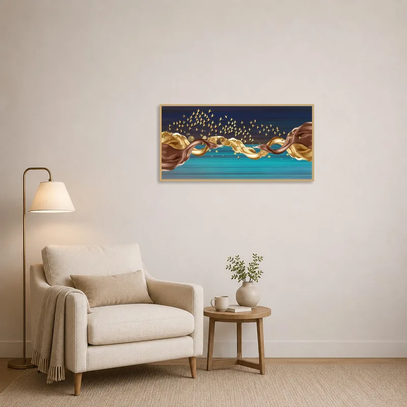 Reading corner adorned with a soothing scene of golden birds over blue waters.