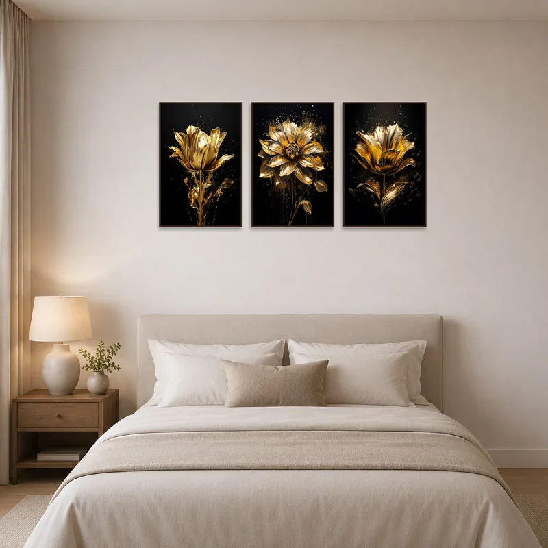 A peaceful bedroom with golden floral triptych artwork above the headboard.