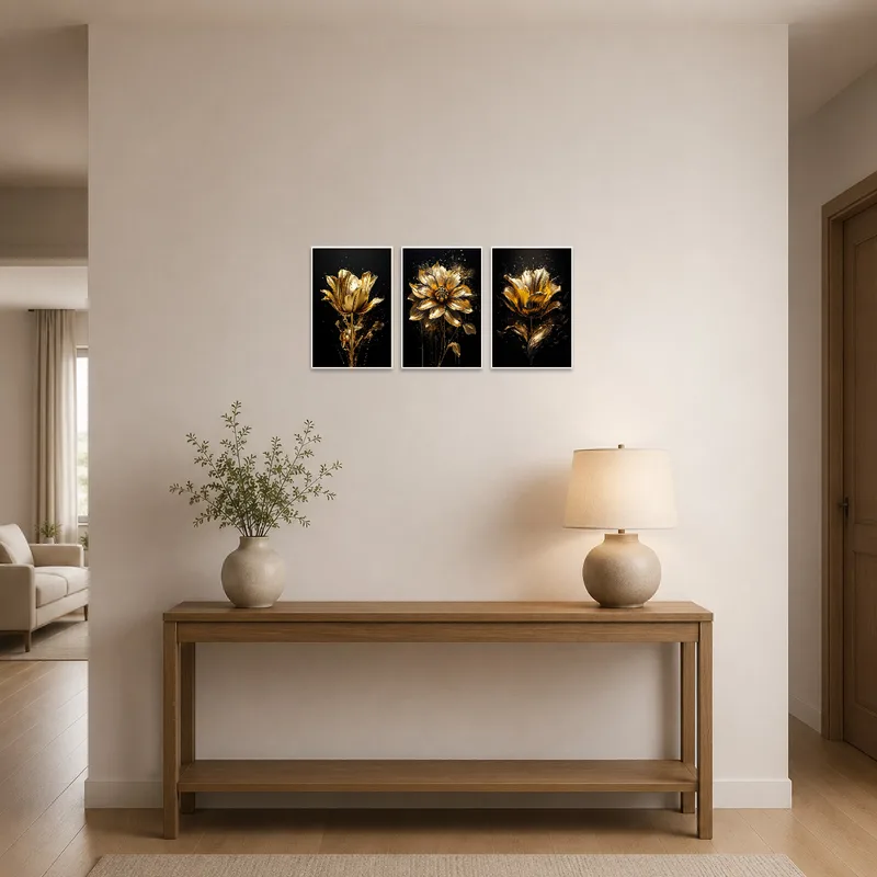 Elegant golden floral artwork set welcoming guests in a stylish entrance hall.