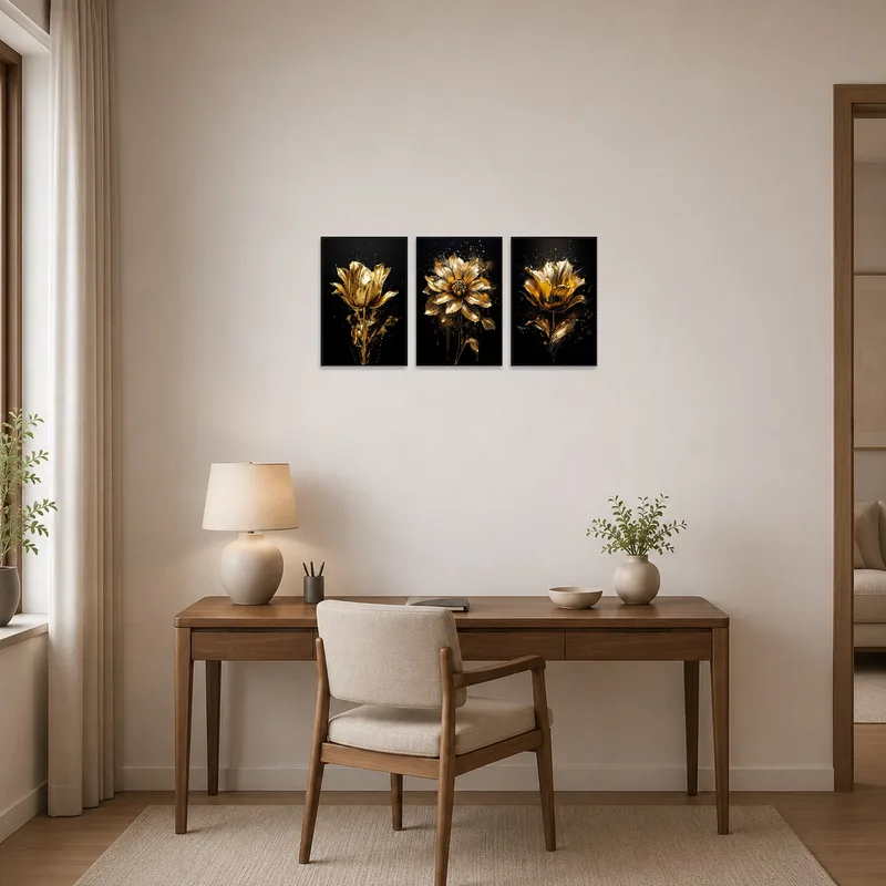 Golden floral triptych set adding sophistication to a home office atmosphere.