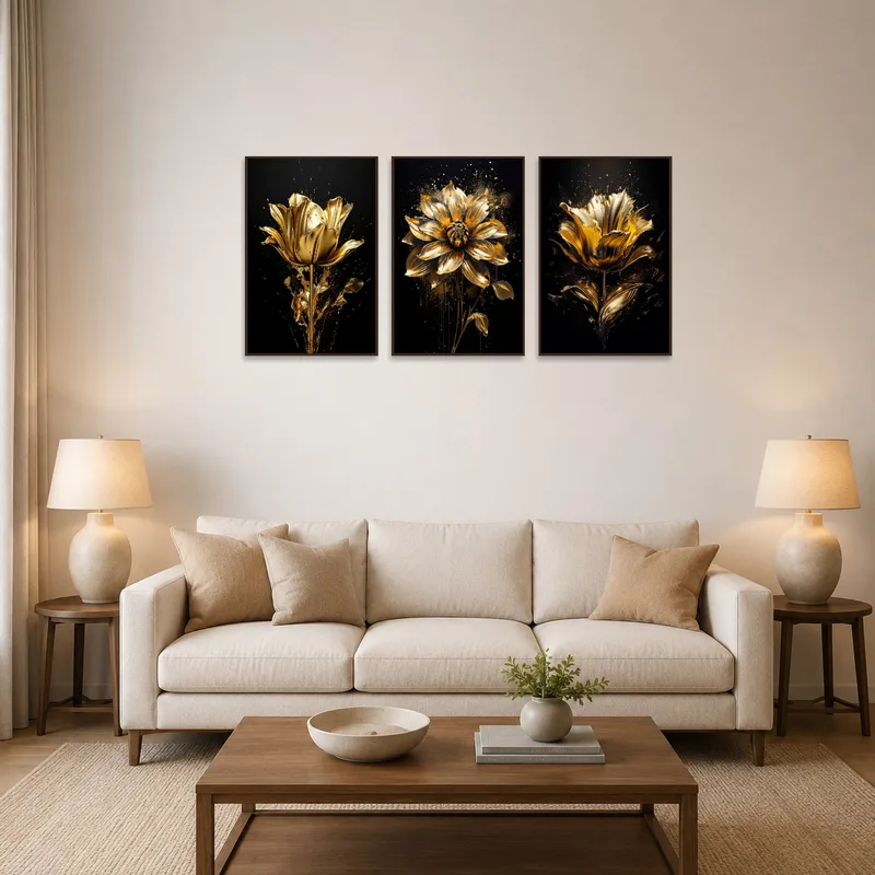 A triptych set featuring golden floral designs hung above a modern living room sofa.