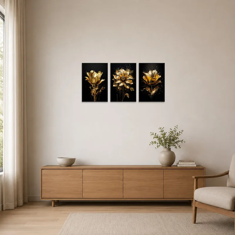 Golden floral triptych displayed on a minimalist white wall with simple furniture.