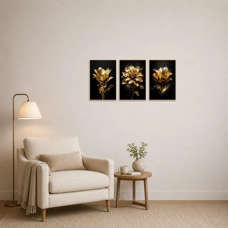 Triptych of golden floral patterns enhancing a cozy reading corner with a plush chair.