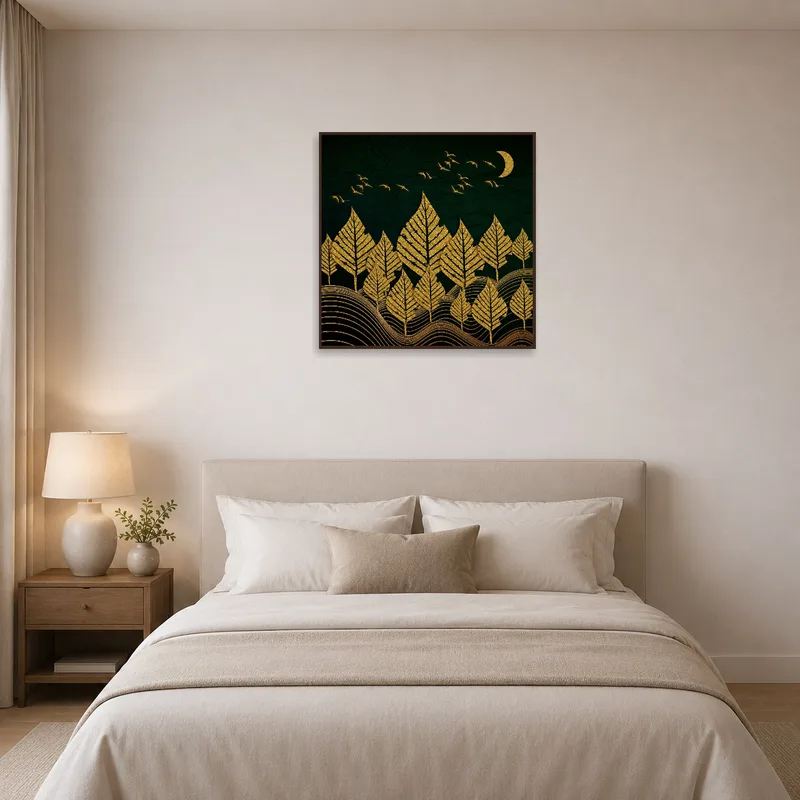 Golden Forest Night Sky print offering a calm vibe beside a plush bed in a bedroom.
