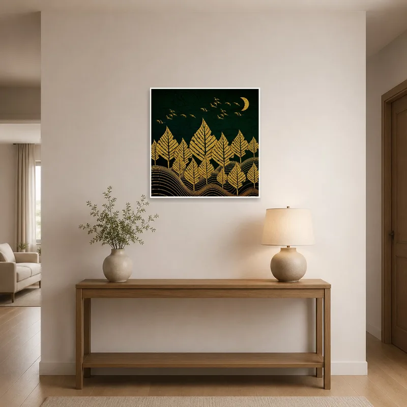 Golden Forest Night Sky print greeting guests in an elegant entrance hall.