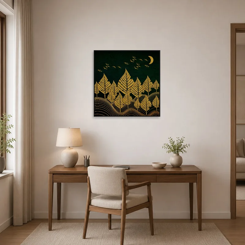 Golden Forest Night Sky print enhancing a productive atmosphere in a stylish home office.