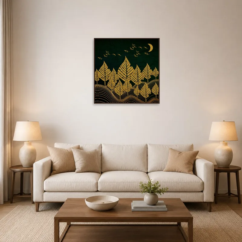 Golden Forest Night Sky print hanging above a modern sofa in a cozy living room.