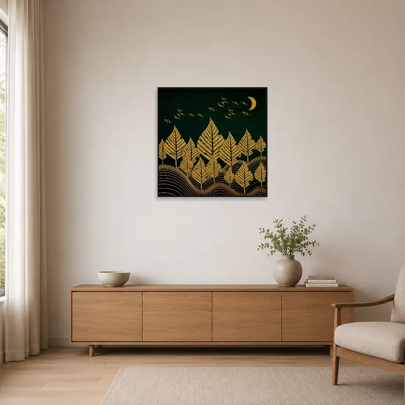 Golden Forest Night Sky print on a simple wall in a minimalist room setting.