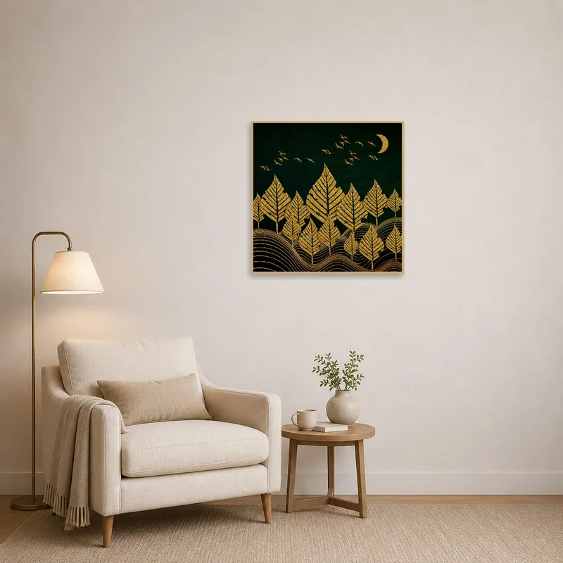Golden Forest Night Sky print providing inspiration in a serene reading corner.