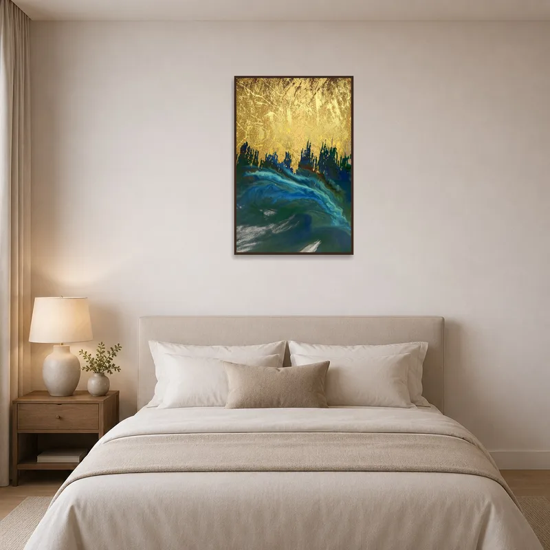 Golden Horizon art providing a serene focal point in a tranquil bedroom.