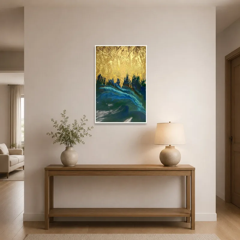 Golden Horizon artwork making a bold statement in an elegant entrance hall.
