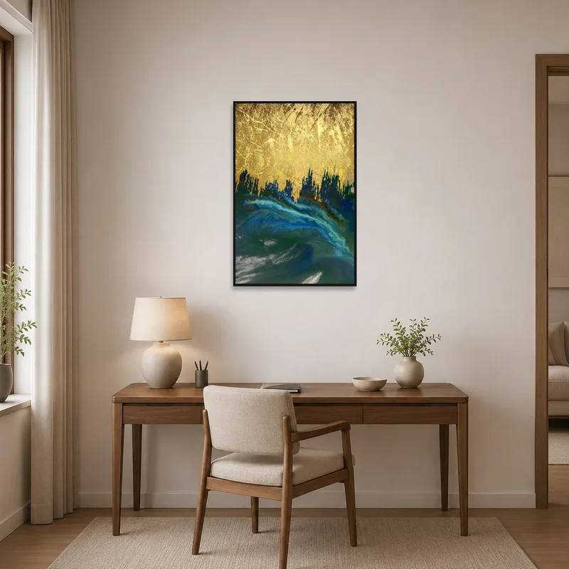 Golden Horizon landscape art inspiring creativity in a modern home office.