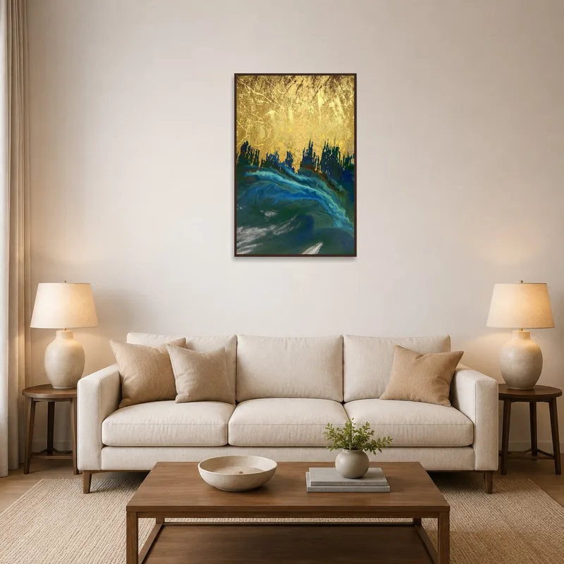 Golden Horizon abstract landscape art above a modern sofa in a stylish living room.