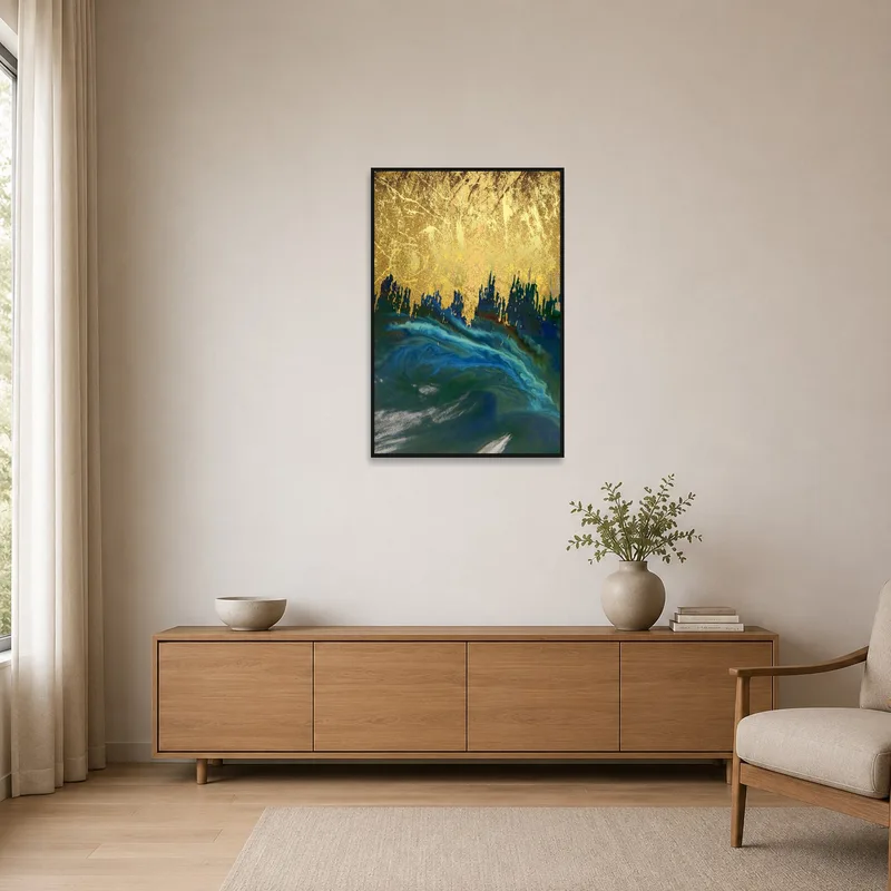 Golden Horizon art complementing a sleek, minimalist room with clean lines.