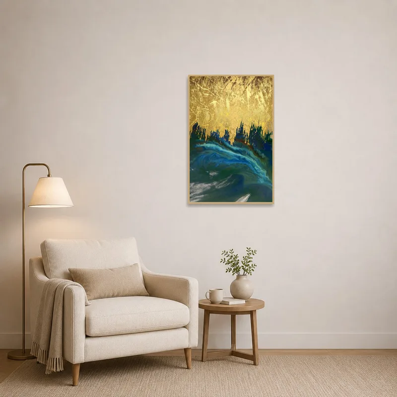Golden Horizon abstract art adding interest to a cozy reading corner.